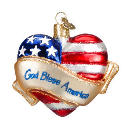 Old World Christmas God Bless America Heart Glass Blown Ornament for Christmas Tree, Handcrafted Holiday Decoration, Heart Collection