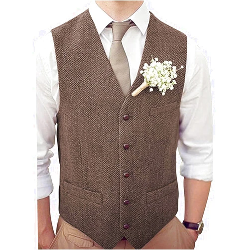 Teukuire Men's V-Neck Suit Vests Slim Fit Casual Business Formal Herringbone Tweed Wool Waistcoat Wedding Groomsmen Suit Vest