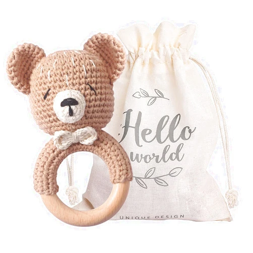 WOODEN TEETHER Crochet Baby Rattle, Crochet Baby Toys, Organic Wooden Newborn Toys, Newborn Animal Rattle Toys，Knitted Stuffed Animals Gifts for Baby, Kahki Bear