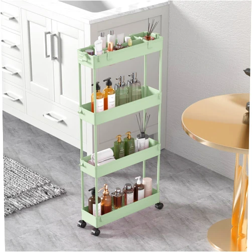 SPACELEAD Slim Storage Cart 4 Tier, Storage Organizer Rolling Utility/Mobile Shelving Unit Slide Out Storage Cart for Office, Bathroom, Kitchen, Laundry Room & Narrow Places， Green