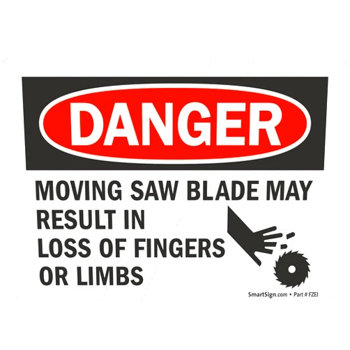 SmartSign 3.5 x 5 inch “Danger - Moving Saw Blade May Result in Loss of Fingers Or Limbs” OSHA Label with Graphic, 3 mil Laminated Adhesive Polyester, Red, Black and White