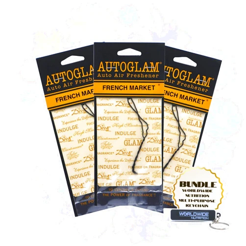 Worldwide Nutrition Bundle: Tyler Candle Company AutoGlam Car Air Fresheners - French Market Scent Car Fresheners - 3 Pack Tyler AutoGlam Car Air Freshener and Multi Purpose Key Chain