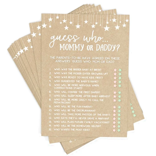 Printed Party Baby Shower Games – Guess Who Mommy or Daddy Game for Boy or Girl, Rustic Kraft Paper Theme, 50 Cards