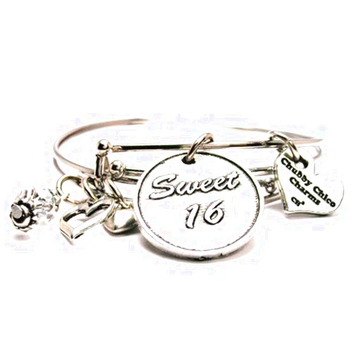 ChubbyChicoCharms Sweet 16 Adjustable Wire Bangle Charm Bracelet Set of Two Bangles
