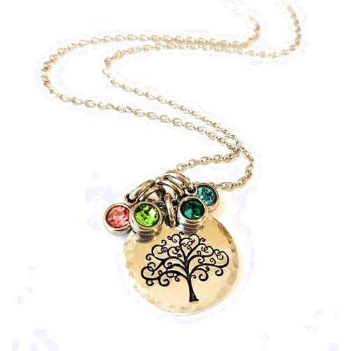Tucker's Trinkets And Treasures Family Tree of Life Medallion Pendant Necklace with Birthstones Attached Gift for Mom Grandmother Aunt or Best Friend