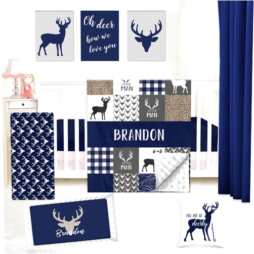 Kotagi Personalized Woodland Deer Crib Bedding Set for Baby, Custom Name 5 Piece Baby Bedding Set, Woodland Animal Nursery Bedding Set Navy