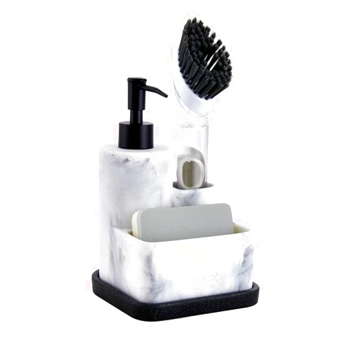 ZCCZ White Soap Dispenser with Sponge Holder, Kitchen Soap Dispenser Pump, Sponge Caddy and Brush Holder 3 in 1 Set Organizer for Sink Countertop, Removable Tray, Marble Look (Brush NOT Included)