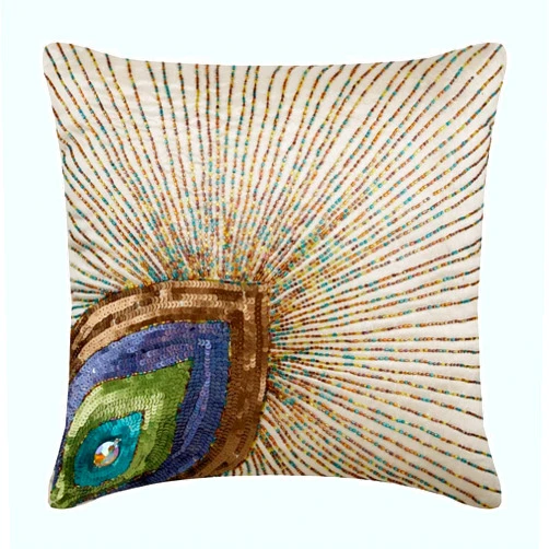 The HomeCentric Ivory Accent Pillow, Peacock Feather Sequins Beaded Pillow Cover, 18x18 inch (45x45 cm) Decorative Pillow Cover, Square Silk Pillow Cover Couch, Floral Art Deco, Birds - Peacock Beauty