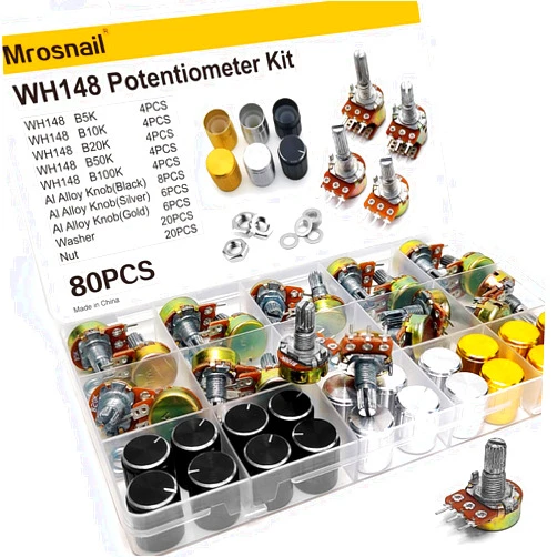 Mrosnail 80PCS Potentiometer Kit, WH148 B5K, B10K, B20K, B50K, B100K 3-Pin Single Link 15mm Potentiometers with Potentiometer Knobs, Nuts, Washers