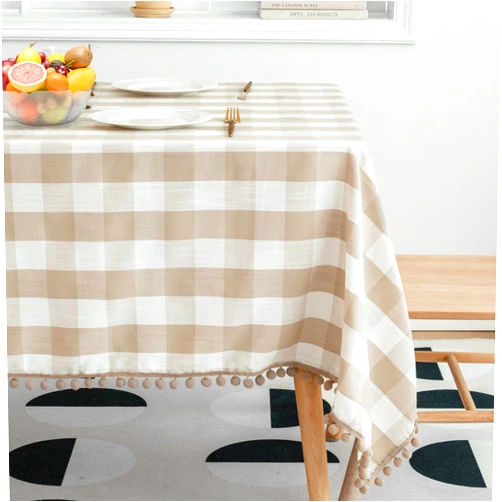 Jubilantex Square Buffalo Plaid Table Cloth Tablecloth with Tassel Beige and White Rustic Linen Textured Farmhouse Table Cover for Kitchen Restaurant Dining Table Top 54 x 54 inch