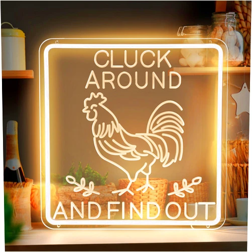 Rosnek Funny Cluck Around and Find Out Large Neon Sign Dimmable,Rooster Decor 16 X 16 Inch Rooster Kitchen Decor for Farmhouse,Chicken Coop,Garden,Farm House Decoration,Rooster Gifts