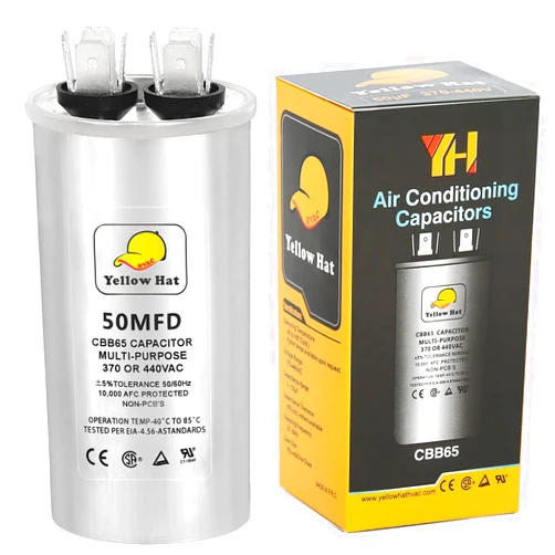 HVAC YELLOW HAT Capacitor for Air Conditioner 50 uf MFD 370 or 440 Volt VAC, Multi-Purpose Round Capacitor for AC Motor Run or Fan Motor Start or Condenser Straight