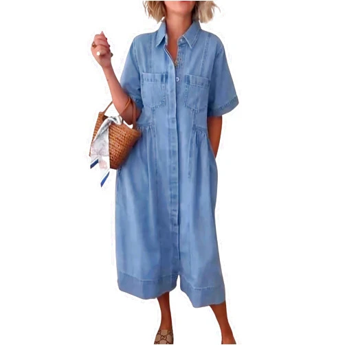 chouyatou Women Spring Summer Short Sleeve Denim Shirt Dress Midi Long Western Business Casual Jean Dress