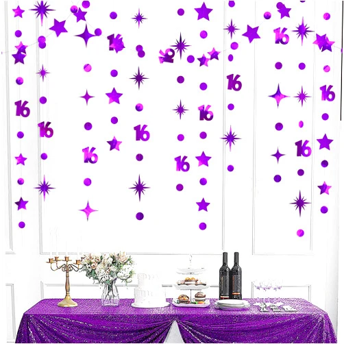 Pinkblume Purple Number 16 Circle Dot Twinkle Star Garland Kit Metallic Hanging Streamer Bunting Banner Backdrop Decorations for Girls Boys 16th Birthday Sweet Sixteen Wedding Anniversary Bridal Shower Party