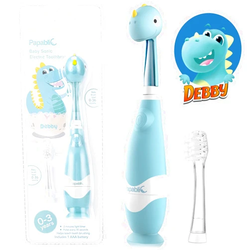 Papablic Toddler Sonic Electric Kids Toothbrush for Ages 1-3 Years, Baby Electric Toothbrush with Cute Dino Cover and Smart LED Timer, 2 Brush Heads (Debby)
