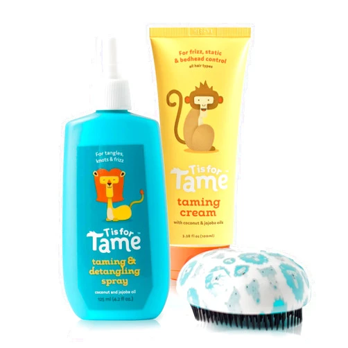 T is for Tame – Kids Hair Taming Cream & Spray Bundle for Frizz, Flyaways, Static & More, All-Natural for Toddlers & Kids, Flexible Tear Free Brush Included