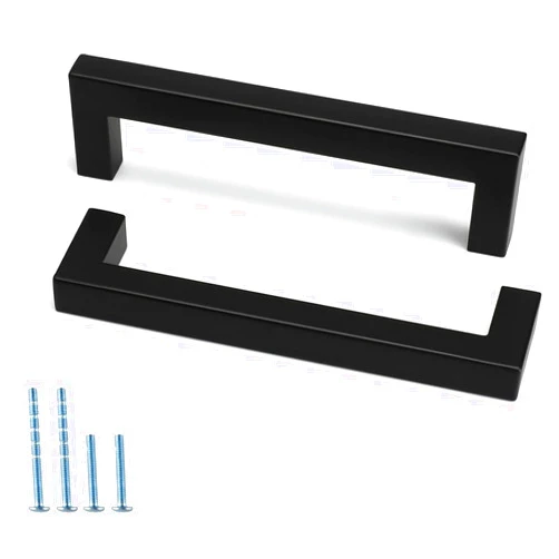 goldenwarm 5 Pack Black Square Bar Cabinet Pulls, 128mm/5in Hole Center Stainless Steel Drawer Handles Modern Kitchen Cupboard Dresser Hardware Pull