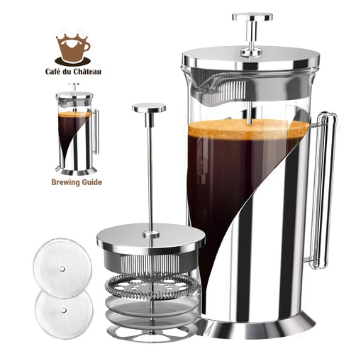 Cafe Du Chateau Stainless Steel French Press Coffee Maker - 34oz Insulated Coffee Press with 4-Level Filtration, BPA Free, Durable Glass French Press, Ideal for Tea & Coffee