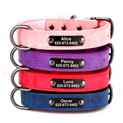 KINYABLUE Soft Padded Leather Dog Collar, Custom Dog Collar with Engraved Name Plate, Heavy Duty Personalized Leather Dog Collars, Stylish Adjustable Pink Dog Collar for Large Dogs Female, L