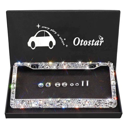 Carfond Luxury Handcrafted 14 Facets SS20 Premium Glass Crystal Diamond Stainless Steel License Plate Frame Bonus Matching Screws Caps (Luxury Crystal)