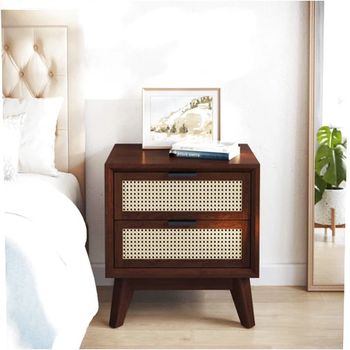Bme Jasper Deluxe Solid Wood Rattan Nightstand Fully Assembled-Mid Century Modern Side Table with 2 Drawers-Multipurpose use for Living Room, Bedroom-Walnut