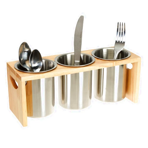ZOOFOX 3 Pack Silverware Holder, Stainless Steel Utensil Organizer with Wood Base, Flatware Caddy for Spoons, Knives and Forks, Great for Kitchen Table, Cabinet, Pantry