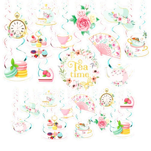 Faccito 53 Pcs Tea Party Decoration Floral Tea Time Swirls Decoration Spring Vintage Teapot Party Hanging Swirls Talking Party Ceiling Supplies for Tea Party Baby Shower Princess Birthday Party Wedding Favors