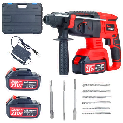 King Showden Cordless Rotary Hammer Drill, King Showden 21V Brushless Rechargerable Demolition Hammer Kits with 1550RPM, Variable Speed, Adjustable Handle, 2 X 4.0Ah Battery & Charger, Drill Bits, Chisels