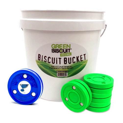 Green Biscuit Bucket 15-Pack Original Passer Hockey Pucks - Street Hockey Puck to Improve Stickhandling Skills and Passing -Get NHL Puck/GB Sticker