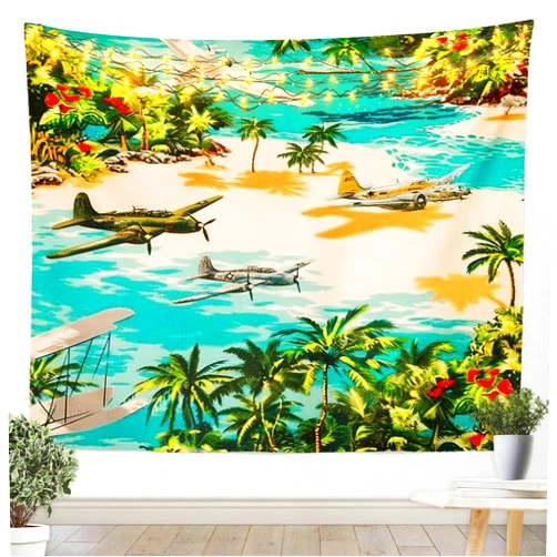 Manfei Aiplanes Wall Hanging Tapestry,Watercolor Hawaii Seaside Tropical Palm Trees Wall Blanket Tapestries Military Retro Aircraft Polyester Tapestries,Small 51.2 x 59.1 Inches