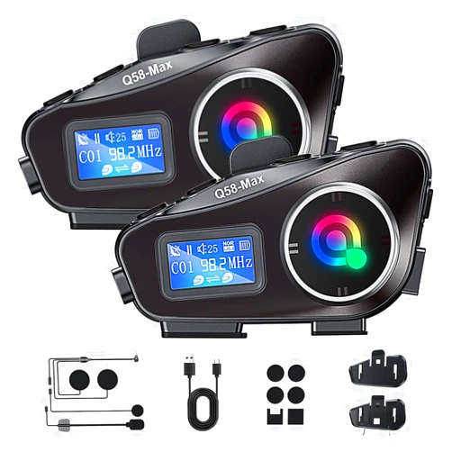 CARLAM Bluetooth Motorcycle Helmet Intercom, 1500 feet Wireless Communication, Built-in Display, FM Radio, Noise Reduction, Music Sharing for 2 Riders, Waterproof, High Volume Sound Quality. 1000mAh, 2-Pack