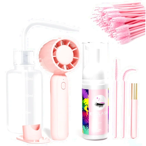 Buqikma Lash Cleaning Kit-Eyelash Extension Cleanser for Extensions 60ML Lash Shampoo with Rechargeable Handheld Lash Fan Dryer Mascara Brush Rinse Bottle Makeup Cleansing Foam for Lash Care