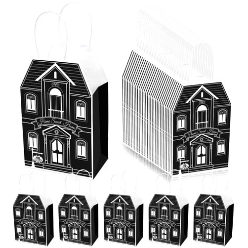 Colarr 50 Pcs House Shaped Gift Bag Real Estate Agent Supplies Real Estate Gift Treat Bag with Handles Kraft for Shopping Business Wedding Baby Shower Birthday Housewarming Home Party Favor(Black)