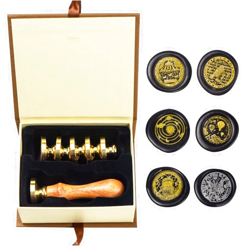 ANBOSE Wax Seal Stamp kit, ANBOSE Moon Wax Seal Stamp Set with 6 PCS Removable Brass Heads and 1 Wooden Handle, Sunbird Fox Starry Sea Planet Sealing Wax Stamp for Cards Invitations