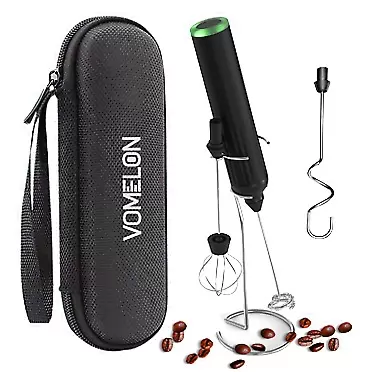 VOMELON Milk Frother Handheld,3-Speed Rechargeable Coffee Foamer Drink Whisk with 3 Stainless Steel Heads Electric USB C Whisk for Coffee, Latte, Cappuccino, Hot Chocolate, Protein,Egg light Black