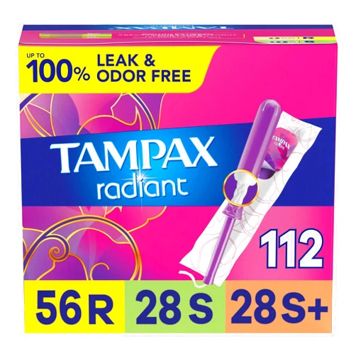 Tampax Radiant Tampons Multipack, Regular/Super/Super Plus Absorbency, With Leakguard Braid, Unscented, 28 Count X 4 Packs (112 Count Total)