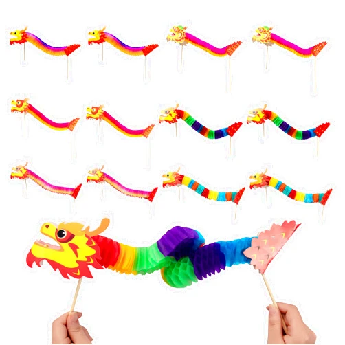 ZYP 12 Pack Chinese Paper Dragon Decoration New Year Dragon Garland Banner Kids Craft DIY 3D Paper Chinese Dragon Festival Xmas Party Supplies