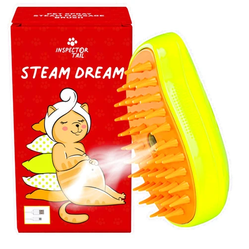 INSPECTOR TAIL Cat Steam Brush for Shedding Massage & Dirt Removes Loose Tangled & Static Fur | Short & Long Haired Pet | Misting Water 3 in 1 Grooming Comb w Soft Bristles | Self Cleaning Dog Spray & Steamy Brush