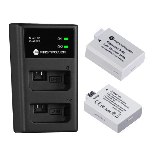 FirstPower LP-E5 Batteries (2 Pack, 1900mAh) and Dual USB Charger Compatible with Canon EOS Rebel XS, Rebel T1i, Rebel XSi, 1000D, 500D, 450D, Kiss X3, Kiss X2, Kiss F