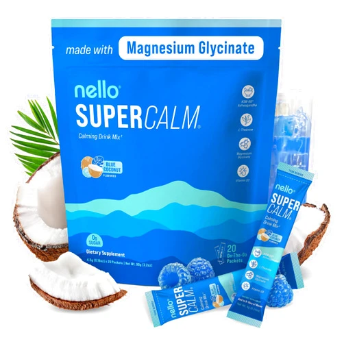 Nello Supercalm Powdered Drink Mix, Blue Coconut, L Theanine, Ksm-66 Ashwagandha, Magnesium Glycinate, Vitamin D 3, Supplements for Relaxation & Focus, No Sugar, Non GMO, On The Go, 20 Srvgs