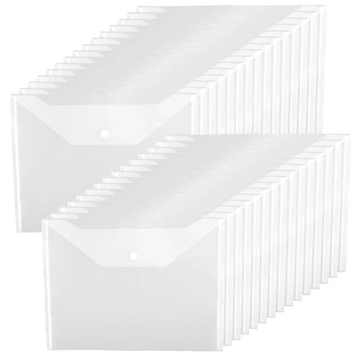 JIKIOU 30pcs Plastic Envelopes with Button Snap Closure Clear Plastic Poly Envelope Folders for Documents Waterproof Plastic File Folder Letter Size A4 Size for School and Office Supplies