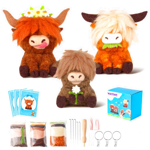 WATINC Highland Cow Needle Felting Kit - Set of 3 Different Highland Cow Doll Wool Felt Needle Felting Tools Foam Pad, DIY Home Decoration Needle Felting Craft Party Supplies for Beginners