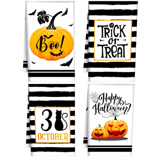 Sratte 4 Pcs Halloween Kitchen Towels 16 x 24 Inch Happy Halloween Dish Towels Pumpkin Trick or Treat Tea Hand Towels Black White Cat Bat Tea Towel Drying Cloth for Halloween Kitchen Bathroom Decor