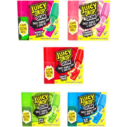 Juicy Drop Easter Bulk Gum with Sour Candy Gel, 8 Count, Pack of 16 Sweet and Sour Fun Candy Gum in Assorted Fruity Flavors For Easter Basket Stuffers, Party Favors, Treats and Gifts for Kids