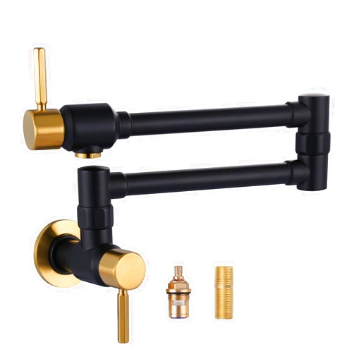 ALEASHA Black and Gold Pot Filler Faucet: ALEASHA Solid Brass Made Heavy Duty Pot Filler, Wall Mount Pot Filler 2 Handles with Double Joint Swing Arms Over Stove for Kitchen
