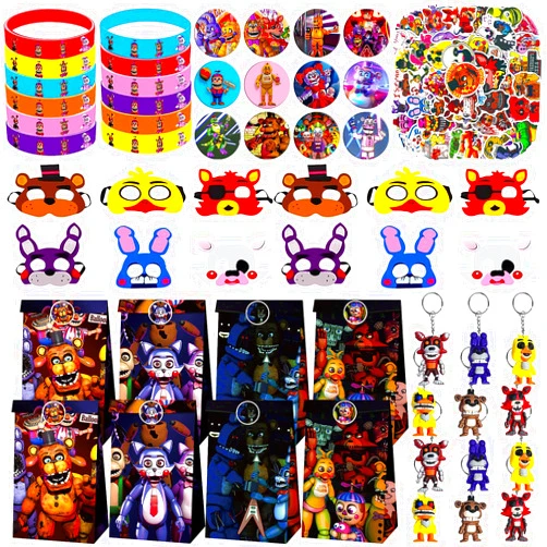 GoGoGoodie Video Game Party Favors Sets - 110 Pcs Five Night at Freddy's Party Bags Include Presents, Stickers, Badges, Masks, Bracelets, Keychains Horror Gaming Goodie Bags Boys Kids Birthday Party Supplies.