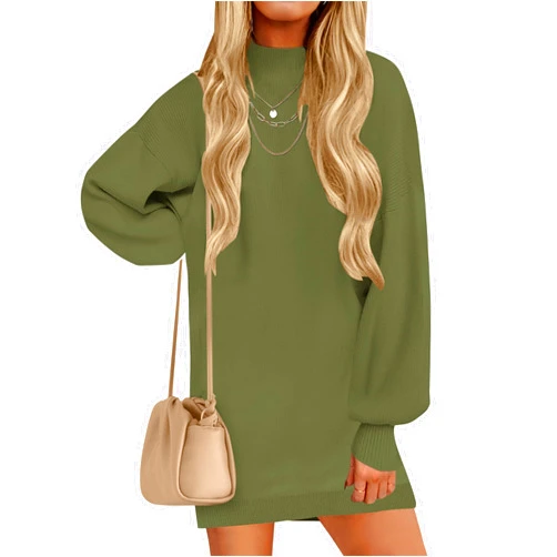 ZESICA Women's 2024 Fall Turtleneck Sweaters Dress Oversized Long Lantern Sleeve Casual Knit Pullover Short Dresses