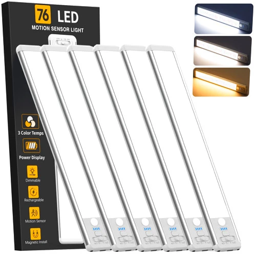 ZioeYiue Under Cabinet Lighting Wireless, Rechargeable Motion Sensor Light Indoor, 3 Color Dimmable Closet Light Battery Operated with LED Power Display, Magnetic Under Counter Lights for Kitchen, Home (6Pack)