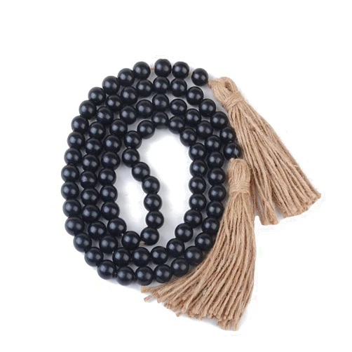 Modpion 58 in Wood Bead Garland with Tassel,String Wooden Beads Prayer Boho Beads for Farmhouse Rustic Country Decor Wall Hanging Decor(black)