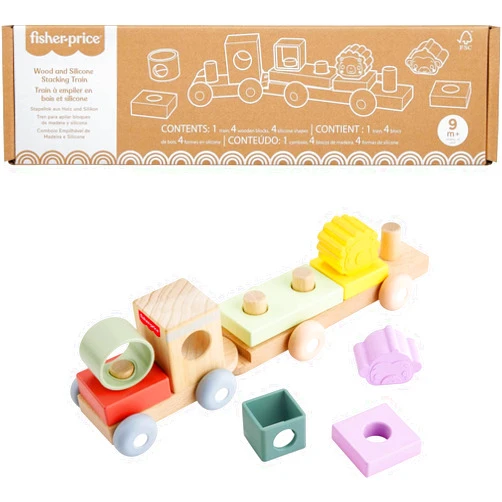 Fisher-Price Wood Baby Toy Stacking Train, 9-Piece Activity with Silicone & Wooden Blocks for Infants & Toddlers Ages 9+ Months